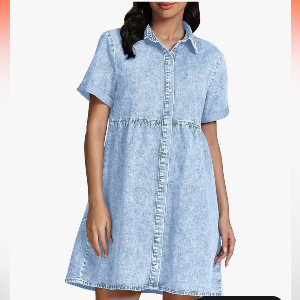 GRAPENT Denim Dress for Women Babydoll Tiered Short Sleeve Button Down Jean - Picture 3 of 15